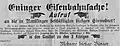 Aufruf zu einer Besprechung des Fahrpreises für Arbeiterwochenkarten im „Eninger Wochenblatt“ vom 22. September 1899