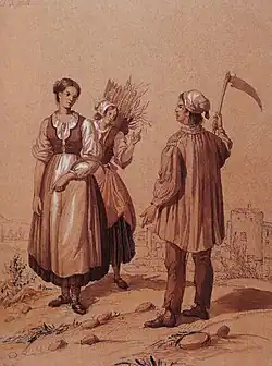 Zwei Frauen und ein Mann bei der Ernte, Trachtenskizze von August Migette, 1866