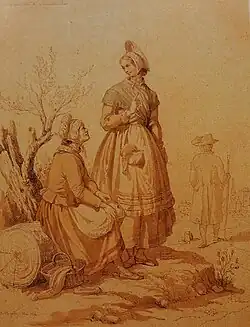 Zwei Frauen auf der Rast; daneben ein Mann im Gehrock, Trachtenskizze von August Migette, 1866