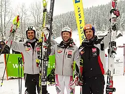 Joachim Puchner, rechts im Bild neben Mario Matt und Hannes Reichelt (Lackenhof 2009)