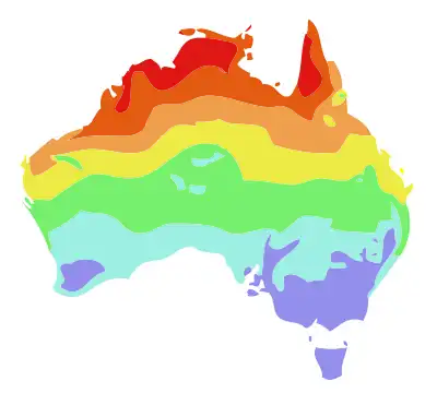 Durchschnittliche tägliche Maximaltemperatur im Juli (Winter) ﻿unter 15&nbsp;°C ﻿15 bis 18&nbsp;°C ﻿18 bis 21&nbsp;°C ﻿21 bis 24&nbsp;°C ﻿24 bis 27&nbsp;°C ﻿27 bis 30&nbsp;°C ﻿über 30&nbsp;°C