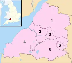Die Distrikte des County of Avon: 1. Northavon 2. Bristol 3. Kingswood 4. Woodspring 5. Wansdyke 6. Bath