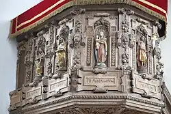 Kanzel mit den Evangelisten Matthäus und Markus, Maria und Jesus