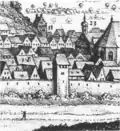 Bürgerturm auf einem Ausschnitt aus dem Kupferstich Merians von 1642.