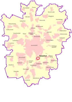 Lage des Quartiers Bebelhof/Zuckerberg (rot)