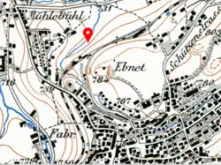 Kopfbahnhof Herisau auf der Siegfriedkarte, Ausgabe 1904. Der rote Punkt markiert den Standort des heutigen Bahnhofs der Südostbahn.