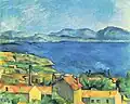 Paul Cézanne: Die Bucht von Marseille von L'Estaque aus gesehen, um 1885. – Die Häuser wirken durch den Kontrast der für sie verwandten warmen Farben zum kühlen Blau von Meer und Himmel besonders freundlich.