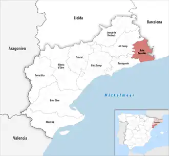 Die Lage der Comarca Baix Penedès in der Provinz Tarragona