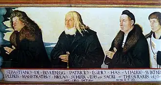 Drei Münsterpfleger und der Münsterschaffner auf der rückseitigen Predella