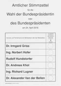 „Amtlicher Stimmzettel für die Wahl der Bundespräsidentin oder des Bundespräsidenten am 24.&nbsp;April 2016“