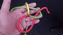 Mit dem nächsten Kardeel (grün) geht man unter dem zuerst bewegten Kardeel (rot) durch und unter stehende Part des nächsten (gelb)