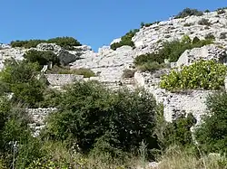 Blick aus ungefähr gleicher Rich­tung auf den Hang mit der Ruine der Mühlen