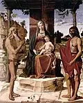Madonna mit Kind unter Pergola mit Hlg. Johannes d. T. und Onofrius, 1488/89, Pinacoteca Civica, Vicenza