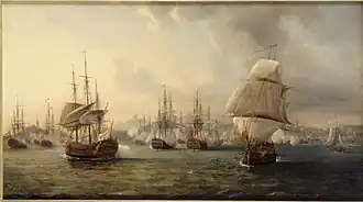 Schlacht in der Bucht von Praia auf der Insel Santiago in Kap Verde, 16. April 1781. Ölbild mit mehreren Segelschiffen.