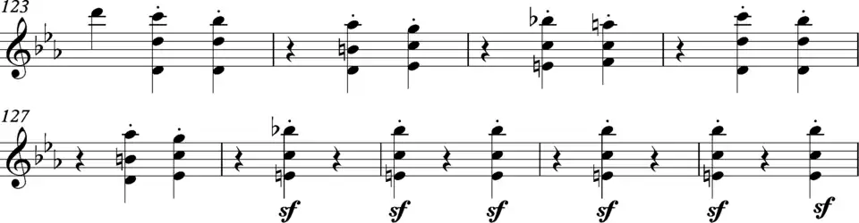 Beethoven, Sinfonie Nr. 3, erster Satz, Takte 123–131, erste Geigenstimme