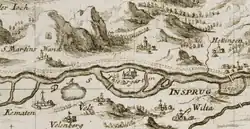Kranebitten bis Stadt Innsbruck mit Tiergarteninsel (ca.&nbsp;1700, Ausschnitt aus Insprug mit der Gegend auf 2&nbsp;Stunden)