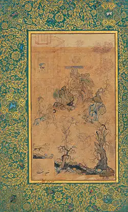 Ein von Hunden attackierter Dichter. Frühes, von Walī beeinflusstes Bild. Links unten steht: „Illustriert von Behzād“, etwa 1480.[29]