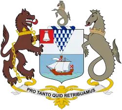 Fischgeschwänztes Pferd im Oberwappen und als ein Schildhalter (Belfast)