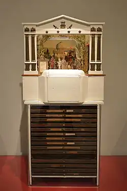 Papiertheater mit Kulissenschrank und Theateraufbau, 1890-1900.