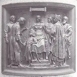 Bernward übernimmt die Erziehung Ottos&nbsp;III. (in der Mitte Theophanu)