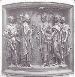 Bernward von Sylvester&nbsp;II. in Rom begrüßt (an seiner Seite Otto&nbsp;III.)