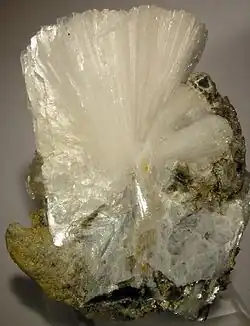 Garbenförmiges Mineral-Aggregat aus tafeligen Bertranditkristallen aus dem Golconda-Pegmatit bei Governador Valadares, Brasilien (Größe: 5,3&nbsp;cm&nbsp;×&nbsp;4,1&nbsp;cm&nbsp;×&nbsp;2,7&nbsp;cm)