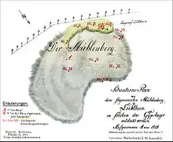 Lageplan des Mühlenberges bei Lübtheen, als mit dem Abtragen des Sandes zwecks Freilegung der Gipslagerstätte begonnen wurde.