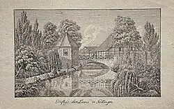 Christian Andreas Besemann: „Einfluss der Leine in Göttingen“ (Stammbuchkupfer, um 1812)