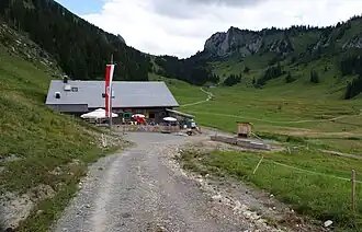 Alpe Stongen, Stonger Moos mit dem mäandernden Bach, Schreiberealpe, Schreiberepass und Luguntenkopf im Hintergrund