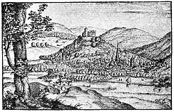 Stadt und Burg Biedenkopf, Zeichnung von Wilhelm Dilich 1591