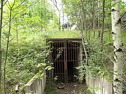 Nahe dem ehemaligen Westportal liegt ein Wartungszugang; im Hintergrund ist die Brücke der neutrassierten Strecke über die B&nbsp;27 zu sehen