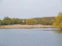 Der Hauptstrand des Seengebietes Binsfeld an der Nordseite des gleichnamigen Sees. Auf dem Strand steht eine Gruppe Trauerweiden. Das flache sandige Nordufer des Binsfeld ist heute der am stärksten frequentierte Badestrand. Dort befindet sich auch ein Kiosk und eine Toilettenanlage. An dessen Standort war bis zum Ende des Kiesabbaus das Kieswerk.
