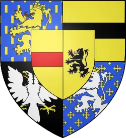 Wappen Graf Adolfs von Saarwerden mit den Grafschaften Nassau, Moers, Saarwerden, Saarbrücken und im Herzschild Lahr-Mahlberg, 1551