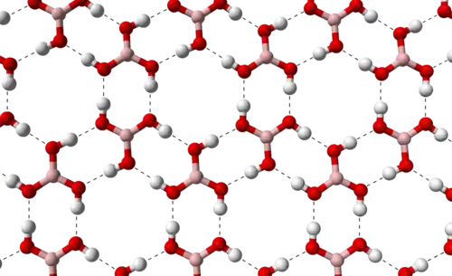 Stäbchenmodell von Borsäure in einer Borsäure-Kristall-Lage
