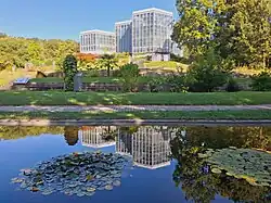 Blick über den Seerosenteich des Botanischen Gartens der Universität Tübingen, mit den verglasten Fassaden des Tropicariums im Hintergrund