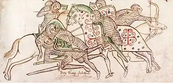 Schlacht bei Bovines: König Philipp II. August von Frankreich wird am Boden liegend von seinen Feinden bedrängt, seine Ritter eilen herbei um ihn zu schützen; zeitgenössische Darstellung des Matthäus Paris