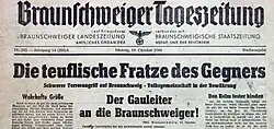 Braunschweiger Tageszeitung 1944. Zeitungskopf vereinfachte Textura (von 1931?), Text in Antiqua (seit 1941?)