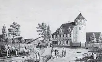 Ölper Turm 1818 noch mit dem 1825 abgerissenen Wehrturm