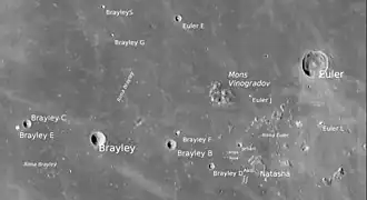 Natasha mit Brayley, Euler und kleineren Kratern (LROC-WAC)