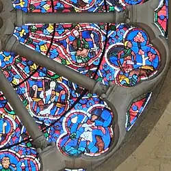 Zwei Apostel (innen), Schweine werden geweidet und ein Schwein wird geschlachtet (außen)