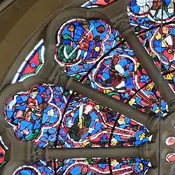 Apostel Philippus mit einem Kreuz und Bartholomäus mit einem Messer (innen), ein Mann mäht Heu mit einer Sichel, Falkenjagd (außen)