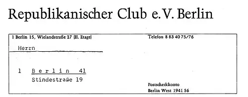Briefbogen Republikanischer Club e. V. Berlin