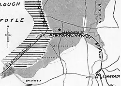 Lage des Hortes im ursprünglich überschwemmten Teil (gestrichelter Bereich) des Lough Foyle