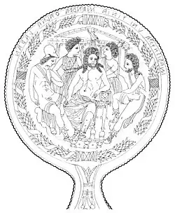 Uni (2. von rechts) bei der Geburt der Menrva aus dem Kopf von Tinia (Mitte)