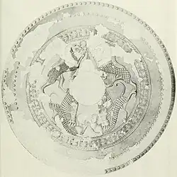 Zeichnung und Rekonstruktion eines im Heiligtum des diktäischen Zeus gefundenen Votiv-Bronzeschildes