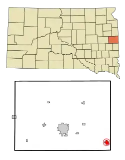 Lage von Elkton im Brookings County (unten) und in South Dakota (oben)