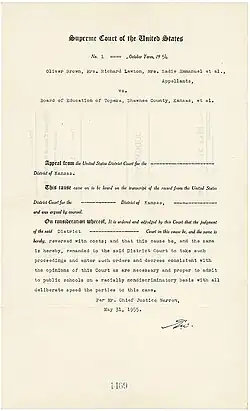 Umsetzungsanordnung des Gerichts unterzeichnet von Earl Warren