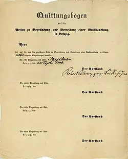 Quittungsbogen auf die Aktien zu Begründung und Betreibung einer Buchhandlung in Leipzig mit bestätigter ersten Einzahlung von 5 Thalern, ausgestellt am 30. September 1846, im Original unterschrieben von Robert Blum als Vorstandsvorsitzender und als provisorischer Kassenführer