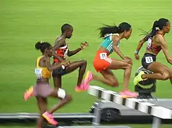 Vier Athletinnen bei der Überquerung eines Hindernisses: Beatrice Chepkoech vor Sembo Almayew, Faith Cherotich, und Peruth&nbsp;Chemutai