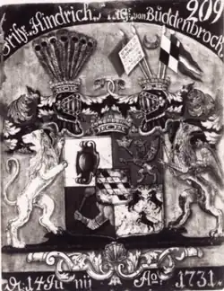 Wappen des schwedischen Generals Henrik Magnus Buddenbrock (1685–1743) 14. Juni 1731 –&nbsp;Herzschild: Stammwappen. 1. Helm Pfauenfedern, 2. Helm (wohl für militärische Verdienste) Kommandoflaggen, dazwischen liegender Halbmond.